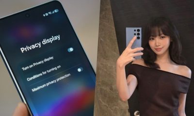 Collage. Galaxy S26 Ultra Privacy Display | Edited image of Chaewon holding a Galaxy S26 Ultra